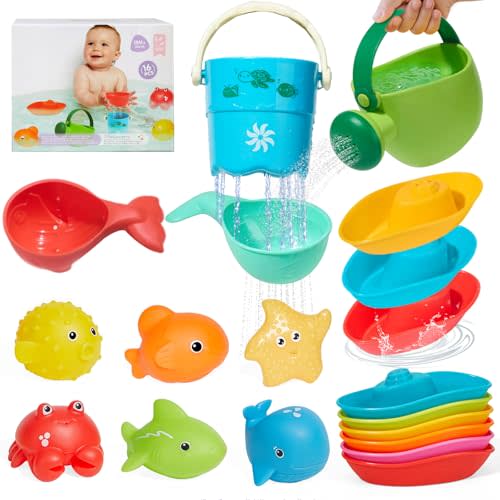 16PCS Baby Bath Toys for Kids Ages 1-3, Mold Free No Hole Bath Toy Set, Easy Clean Bathtub Pool Water Table Toys for 1 2 3 Year Old, Floating Boats Bucket Watering Can Bath Toys for Babies 12+ Months