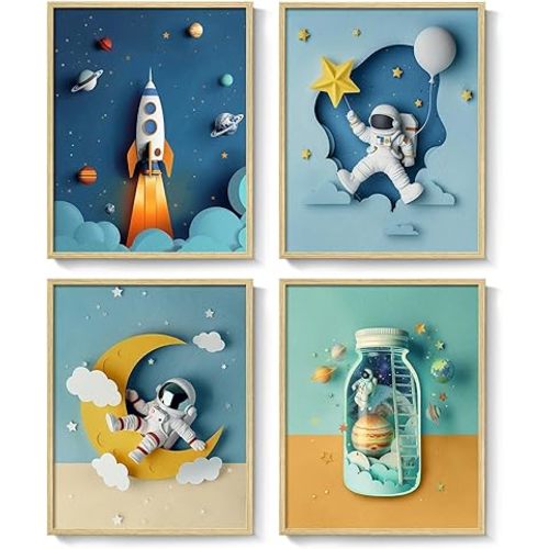 Framed Space Themed Bedroom Decor for Boys, 4 Piece Astronaut Rocket Canvas Wall Art Prints, Large Space Wall Art Decor for Kids Boys Room, 12x16 Inch