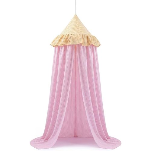 Breling Gingham Bed Canopy with Ruffles, Cotton Crib Canopy Pink Stripes Toddler Beds Decorative Hanging Tent Frills Curtain for Toddler Baby Cribs Nursery Reading Nook Decor