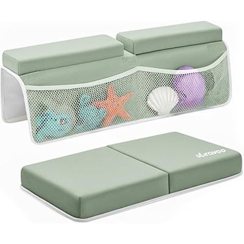 UBRAVOO Baby Bath Kneeler with Elbow Rest Pad, Non-Slip Foam Mat, Quick-Drying Cushion, Foldable Bathtub Support with Toy Storage Pockets for Parents (Green)