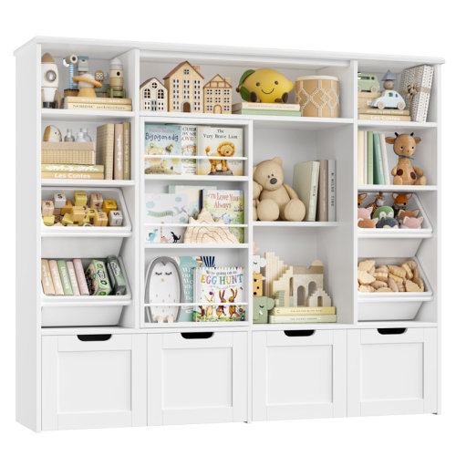 Red Barrel Studio® 55.1"W Standard Toy Organizer With Sliding Bookshelf, 47.4"H Toy Storage With 4 Removable Drawers and Plastic Bins for Kids Room, Playroom, Kindergarten & Reviews | Wayfair