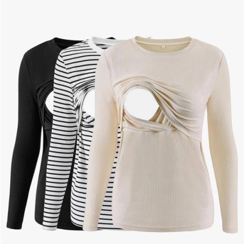 Liu & Qu Women's Nursing Tops Ribbed Long Sleeves Maternity Shirts Double Layer Breastfeeding Shirts Pregnancy Clothes 3 Pack