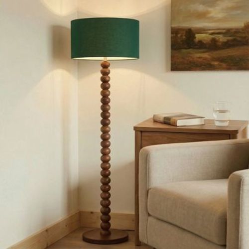 61" Walnut Wood Standing Floor Lamp with Linen Drum Shade, Modern Accent Light for Living Room, Bedroom, Hallway & Study,Green