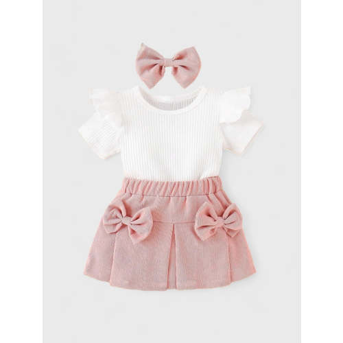 3 Pc Girl Corduroy Bow Skirt and Shirt
