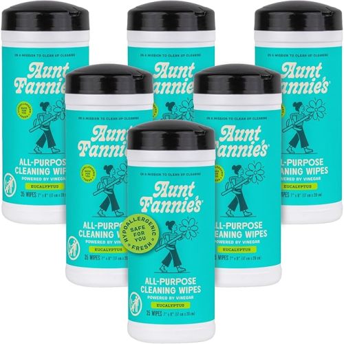 Aunt Fannie's Natural Cleaning Vinegar Wipes, Multipurpose Surface Cleaner, Eucalyptus Scent, 35 Count (Pack of 6)