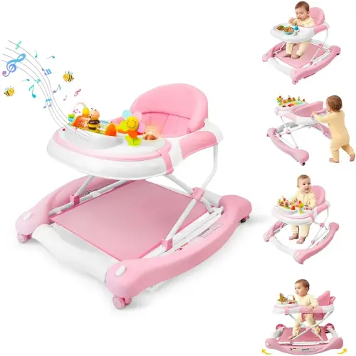 5 in 1 Baby Walker, Music and Lights Walker for Baby Boy Girls 6-12 Months, Foldable Baby Walkers with Wheels and Bouncer Combo Portable, Toddler Infant Walker with Adjustable Height