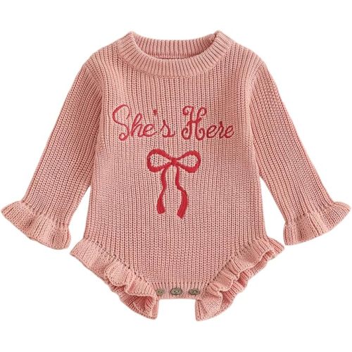 Baby Girls Knitted Romper Embroidery Bow Letters SHE is HERE Ruffled Sweater Winter Newborn Infant Clothes