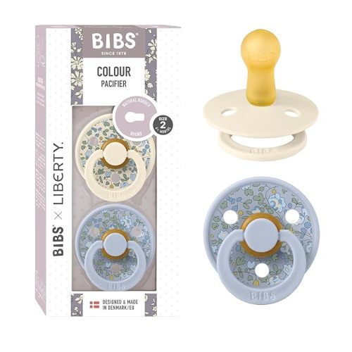 BIBS Liberty Soother 2-Pack, BPA Free Dummy Pacifier, Round Nipple. Natural Rubber Latex, Made in Denmark, Size 2 (6-18 Months), Eloise Dusty Blue