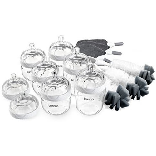 Baby Brezza Premium Baby Bottle Starter Gift Set - Pack of 6 Bottles and 8 Nipples Plus Bottle Brush and Cleaning Cloths - Kit is Great for Newborns and Infants - Bulk Baby Feeding Bottle Set - Premium Bottle