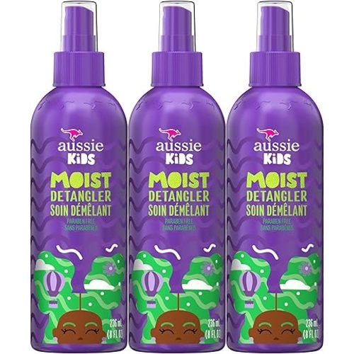 Aussie Kids Moist Detangler Spray, Sulfate & Paraben Free, Moisturizing & Tangle-Free Hair Care for Kids, Cruelty-Free, 8 Fl Oz Each, 3 Pack
