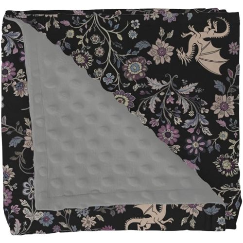 Fantasy Floral Dragons Baby Blankets for Girl Boy Fairytale Dragon Gothic Black Purple Flowers Soft Mink with Dotted Backing Double Layer Swaddle Blanket Animal Bed Throws for Infant Toddler 30x40