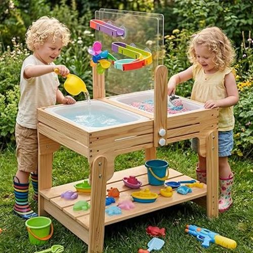 Water Table for Toddlers, Adjustable Height Wooden Sand and Water Table with 2 Collapsible Bins, Acrylic Activity Board, Water Track Toys & 16-Piece Play Set, Indoor Outdoor, Ages 3+