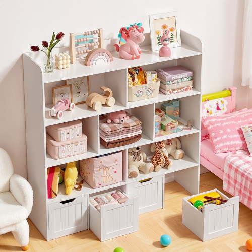 Noelse Toy Storage Cabinet and Kids Bookcase with 4 Movable Drawers and 8 Open Shelves Toy Chest Shelf Organizer with Hidden Wheels for Playroom Nursery Kids Room, White