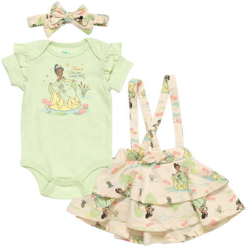 Disney Princess Tiana Newborn Baby Girls French Terry Bodysuit Jumper and Headband 3 Piece Outfit Set Newborn to Infant