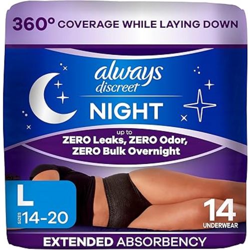 Always Discreet Night, Reimagined Adult Diapers for Women, Extended Overnight Absorbency Incontinence and Postpartum Underwear Size L, 360 Degree Coverage While Laying Down, 14 Count​