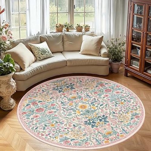 Round Rug 6ft Light Pink Washable Floral Circle Rug,Vintage Boho Botanical Round Area Rugs, Non-Slip Soft Low-Pile Circular Carpet for Girls Bedroom,Kids Room,College Dorm,Home Decor