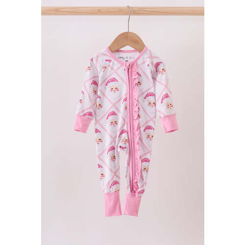 Pink santa claus bamboo ruffle zipper romper