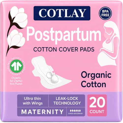Postpartum Pads | Organic Cotton, Ultra Thin, Long and High Absorbency 20 Count | Maternity Pads | Overnight Protection with Wings 10 Pads x 2 Packs