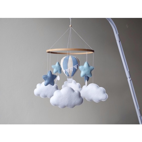 Hot air ballon baby crib mobile boy Musical mobile bb Travel theme Blue nursery decor Personalized cloud gift Hanging cot adventure mobile
