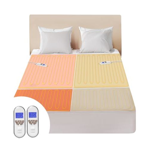 Bwarm Premium Multi-Zone Electric Heated Mattress Pad King Size, 78" x 80", Dual Controllers, 9 Heat Settings, 1-12 Hours Auto Off, Individual Body and Feet Settings, Machine Washable
