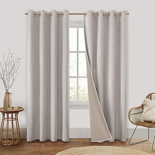 HOMEIDEAS Natural Linen Blackout Curtains 84 Inches Long 2 Panels 100% Black Out Curtains for Living Room Bedroom, Thermal Insulated Room Darkening Window Curtains Drapes