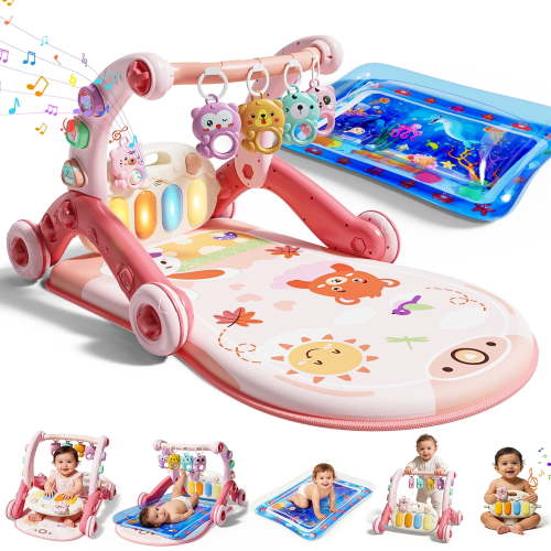 WonderStone 6-in-1 Baby Gym Play Mat, Activity Center Walker with Water Mat, 5 Infant Toys & Portable Musical Piano Panel for Babies 012 Months, Pink
