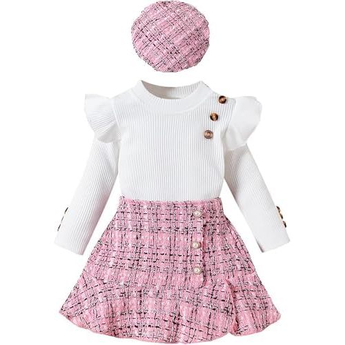 Toddler Girls Fall Winter Clothes Baby Ruffle Long Sleeve Knit Sweater Shirts Plaid Floral Mini Skirts Set with Beret