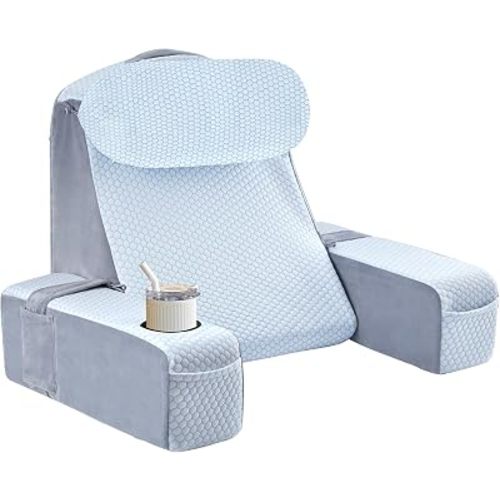 Reading Pillow for Adults, Back Pillow for Bed Sitting Up, Backrest Pillow for Sitting in Bed, Detachable Arms with Built-in Cup & Phone Caddy (White Cooling - Polka, 19 INCH)