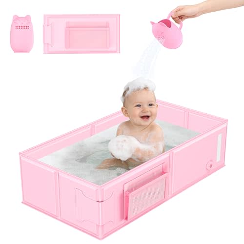 Foldable Baby Bathtub, Converts Shower to Tub, 2-in-1 Portable Toddler Tub with Rinse Cup, No Assembly Easy to Clean, Space-Saving Collapsible Baby Bath Tub for Small Bathroom, Travel & Camping, 6M-5Y