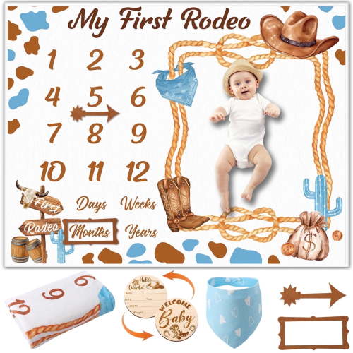 KABOER Baby Milestone Blanket Set, 51.2" x 39.4" Western Cowboy Monthly Photo Blanket With Bib ID Tag Felt Markers, Soft Flannel Baby Shower Gift For Boys Or Girls
