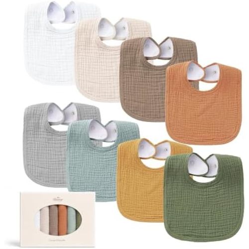 Konssy 8-Pack Muslin Baby Bibs, Adjustable Fit for Drooling and Teething