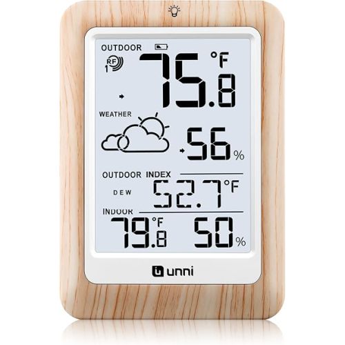 Indoor Outdoor Thermometer Wireless Weather Station, Temperature Humidity Monitor Battery Powered Inside Outside Thermometers with 100m Range Remote Sensor and Backlight Display (Wood)