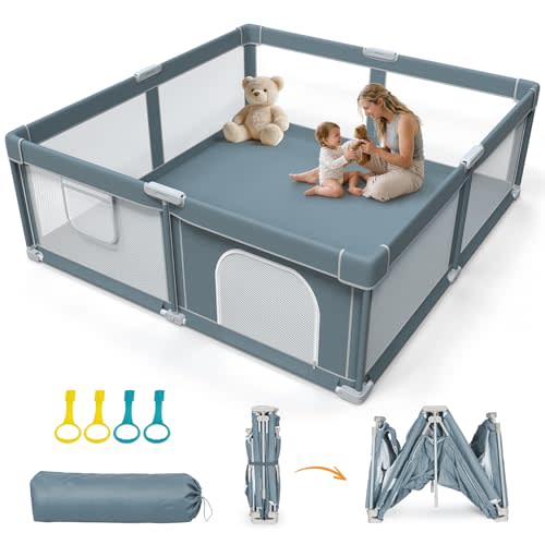 Foldable Baby Playpen - 71"×79" Collapsible Play Pen for Babies and Toddlers - Indoor Outdoor Travel Playpen - Sturdy with Mesh View Portable Play Yard - Folding Play Pen with 4 Handles and Carry Bag