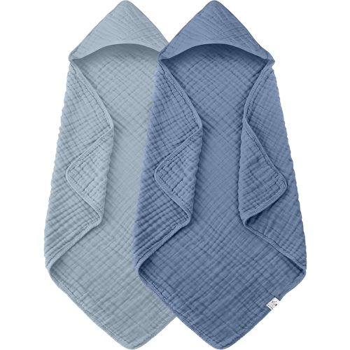 2 Pack Hooded Baby Towels - 100% Muslin Cotton for Newborns, Infants, Toddlers - Large 32x32 Inch Size - Highly Absorbent and Essential for Newborn Care, Light Navy