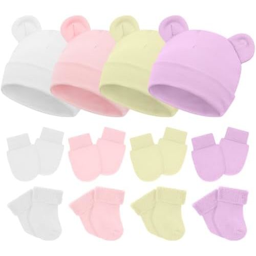 Cuffbow 4 Pcs Baby Hats Mittens and Socks Set