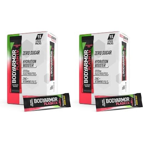 BODYARMOR Flash IV Electrolyte Packets,Strawberry Kiwi - Zero Sugar Drink Mix,Single Serve Packs,Coconut Water Powder,(Pack of 30)