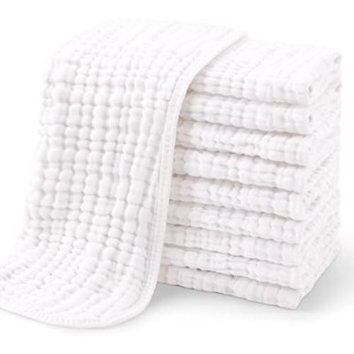 Yoofoss Muslin Burp Cloths for Baby 10 Pack 100% Organic Cotton Baby Washcloths for Boys Girls Large 20''X10'' Super Soft and Absorbent White