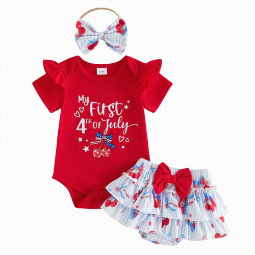 Leey-World 4th Of July Newborn Girl Baby Girl Clothes Short-sleeve Square Neck Romper + Floral Pleated Skirts Shorts Headband Spring Summer Outfits(Red,6-12 Months)