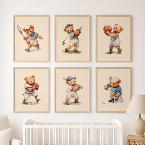 Teddy Bear Sports Wall Art Set of 6, Vintage Printable Watercolor Illustrations, Sports Nursery Theme Decor for Kids Room