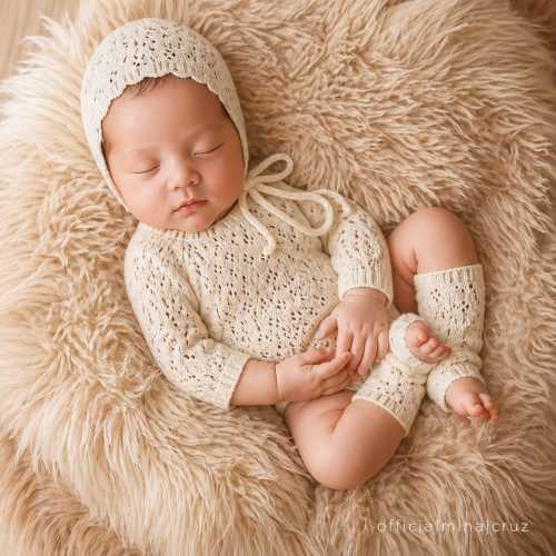 Newborn Organic Cotton Crochet Photo Prop Set: Romper, Bonnet, Socks