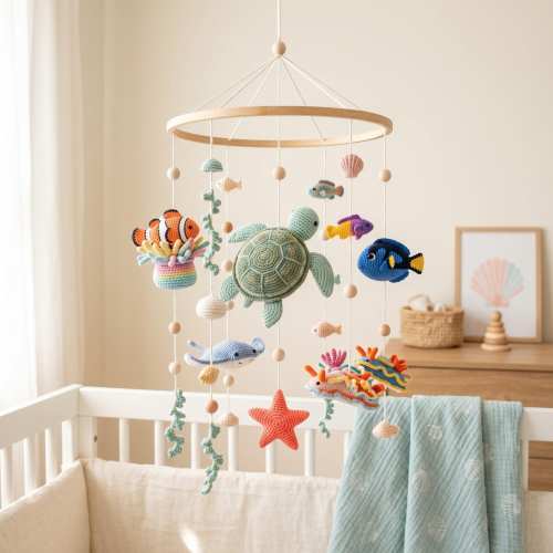 Handmade Crochet Ocean Crib Mobile, Sea Animals, Coastal Nursery Decor, Baby Shower Gift, Perfect Baby Shower Gift, Sea Themes Baby Mobile