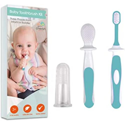 Cherish Baby Care Baby Toothbrush Set (3-24 Months) - BPA-Free Baby Finger Toothbrush, Training Toothbrush & Toddler Toothbrush - Designed in Canada - Complete Baby’s First Toothbrush Kit (Teal)