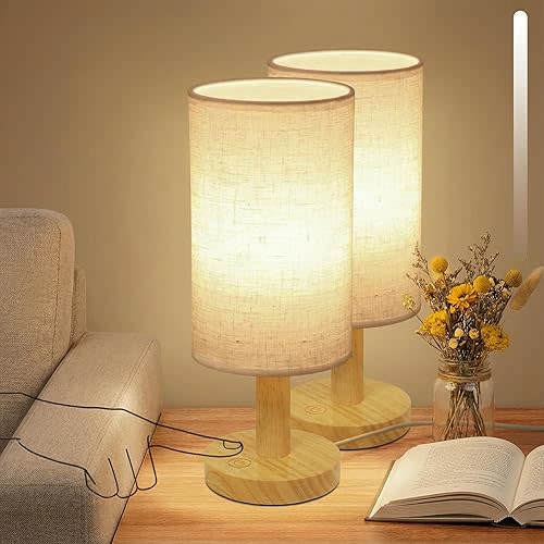 Touch Bedside Table Lamps Set of 2 - Stepless Dimming USB Powered, Minimalist Wood Base Linen Shade, 2700K Warm Night Light for Bedroom Nightstand Nursery Dorm Kitchen Small Spaces(5W LED 50K Hrs)