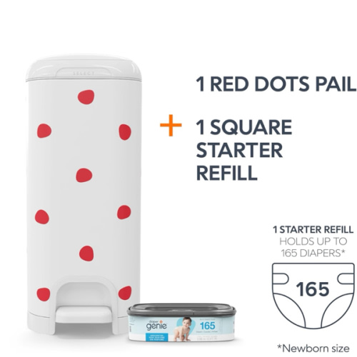Diaper Genie Select Pail (Red Polka Dot) is Made of Durable Stainless Steel and Includes 1 Starter Square Refill That can Hold up to 165 Newborn-Sized Diapers.
