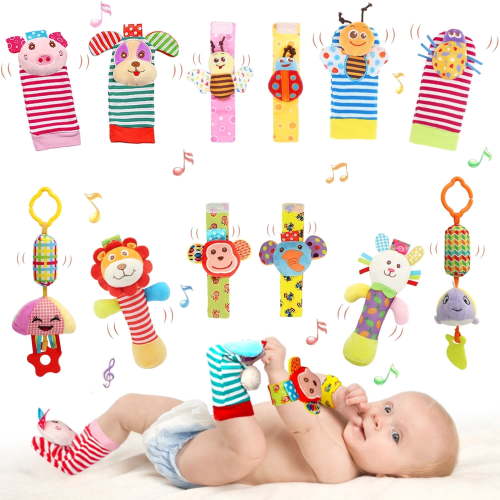 Wrist Rattles Foot Finder Rattle Sock Baby Rattle Toy, Arm Hand Bracelet Rattle, Feet Leg Ankle Socks, Birthday Holiday Birth Present for Newborn Boy Girl