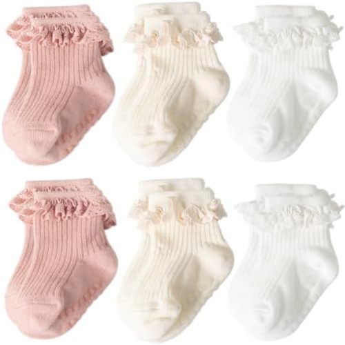 AQOKKA Baby Girl Toddlers Socks with Non-slip Grip Cute Frilly Ruffle Ankle Soft Cotton Newborn Baby Socks for Infant Kids
