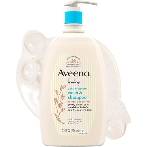 Aveeno Baby Daily Moisture Gentle Baby Body Wash and Shampoo with Oat Extract, 2-in-1 Baby Wash & Hair Shampoo, Tear-Free, pH Balanced for Sensitive Skin & Hair, Lightly Scented, Value Size 33 Fl Oz