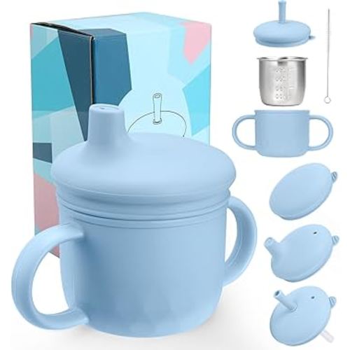 Mity rain 3-In-1 Stainless Steel Sippy Cup for 6+ Month Old, Baby Straw Cups for Toddlers 1-3 with Travel Lid, Silicone Straw, Replacement Straw & Cleaning Brush - 8oz Toddler Cups Spill Proof Set