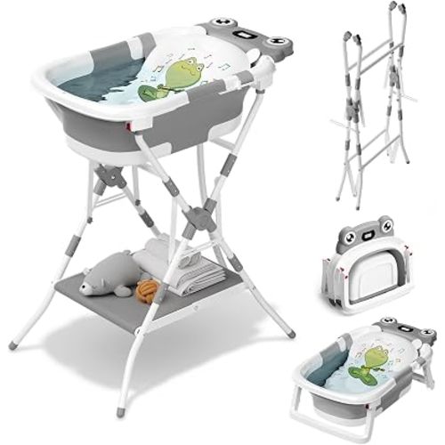Baby Bathtub with Stand Collapsible Tub with Cushion Standing