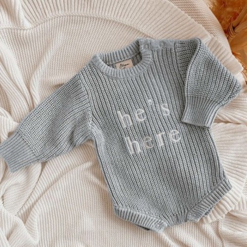 'He's Here' Long Sleeve Knit Romper - Powder Blue